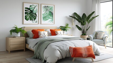 Wall Mural - Chic bedroom with a tropical design, featuring vibrant textiles, lush greenery, and light wood furniture, creating a bright and relaxing space. Copy space for text, sharp focus and clear light, high