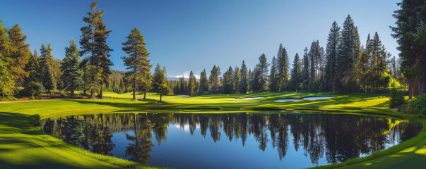 A serene golf course on a bright sunny day, with rolling fairways, a sparkling water hazard, and tall trees set against a clear blue sky.