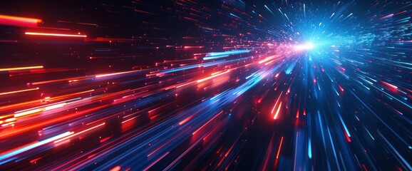 Poster - a digital art piece showing streaks of red and blue light against a dark background