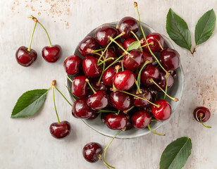 Canvas Print - Bountiful Bowl of Fresh Cherries on Rustic Wooden Surface