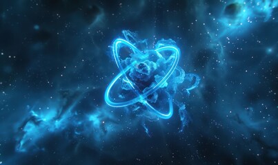 Aufkleber - a blue glowing atomic symbol in the center of a dark blue nebula with white stars