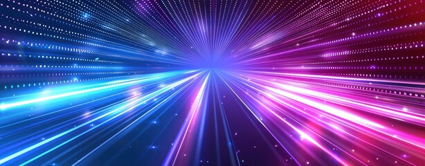 Poster - a digital tunnel with blue and pink light streaks, creating a sense of movement and speed
