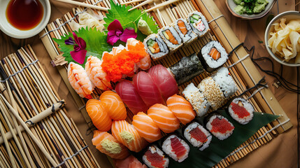 Wall Mural - a sushi platter, meticulously arranged with nigiri, sashimi, and rolls, garnished with pickled ginger and wasabi, served on a bamboo mat with chopsticks