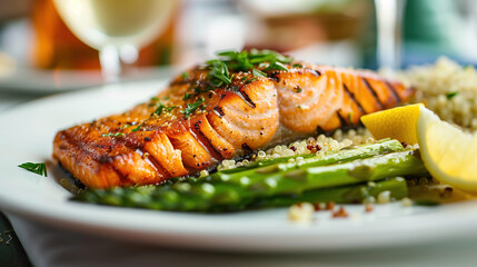 Wall Mural - a sustainable seafood dish, featuring grilled wild-caught salmon, served with a side of quinoa and steamed asparagus, on a white plate with a lemon wedge