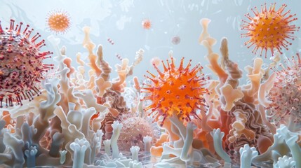 Aufkleber - A microscopic view of coronavirus particles surrounded by white blood cells. The white blood cells are attempting to engulf and destroy the viruses.