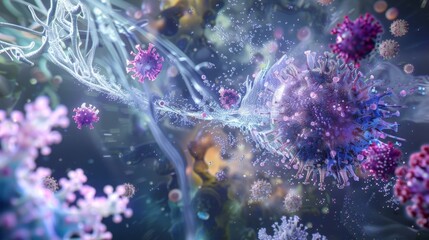 Aufkleber - A microscopic view of viruses interacting with each other. The viruses are various colors and shapes.