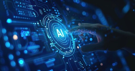 Fototapete - A hand reaches towards a digital interface displaying AI surrounded by glowing circles and lines