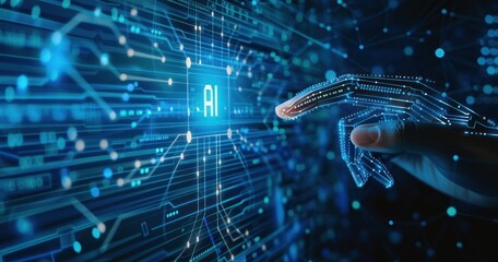 Poster - A digital hand reaches out towards an AI interface, highlighting the integration of technology and artificial intelligence