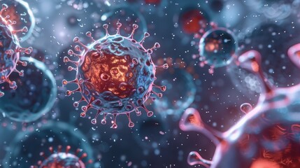 Aufkleber - A close-up view of a coronavirus, showcasing its intricate structure and spiky surface. The virus is in focus, with other smaller viruses blurred in the background.