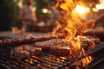 summer backyard barbecue with friends grilling meat at sunset