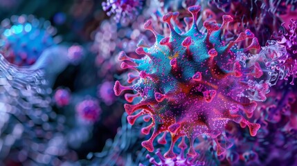 Poster - A close-up, digitally rendered image of a coronavirus, showing its distinctive spike proteins and intricate structure. The virus is rendered in vibrant blue, pink, and purple hues.