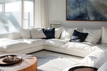 Interior of a modern living room with white sofa and pillows