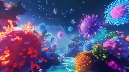 Leinwandbilder - A vibrant scene of colorful viruses floating in a blue sky, with some landing on water.