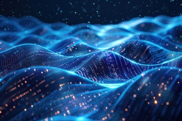 Poster - blue digital waves with glowing particles, abstract pattern