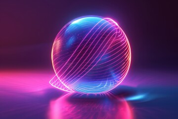 Poster - a blue sphere with pink and yellow neon lines around it, resting on a purple surface