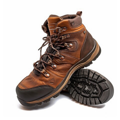 Wall Mural - Brown leather hiking boots with rugged soles, isolated on white background.