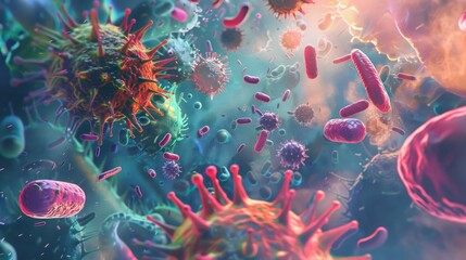 Poster - A vibrant digital illustration of various microorganisms, including viruses and bacteria, in a blue, pink, and green background.