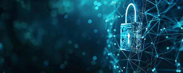 Cyber security theme with a digital padlock, interconnected lines, and matrix code on a dark blue background.