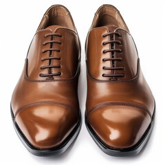 Wall Mural - Elegant brown leather lace-up oxfords with cap toe, isolated on white background.