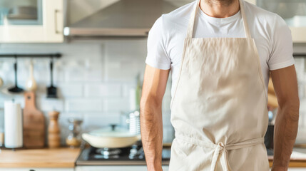 Wall Mural - Man wearing beige linen apron mock up in the modern kitchen, chef uniform for cooking