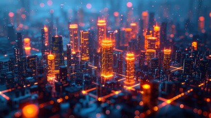 Poster - A digital illustration of a futuristic cityscape with tall, glowing towers and vibrant neon lights, creating a dynamic and vibrant atmosphere