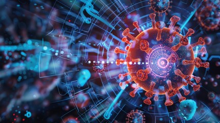 Poster - A digital illustration of a coronavirus, depicted in detail with spikes and a glowing center. Other smaller viruses are shown in the background, surrounded by a digital network of lines and shapes.