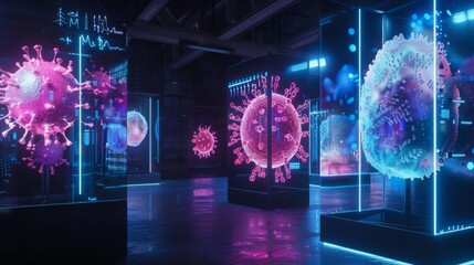 Aufkleber - Several large, glowing 3D models of viruses are displayed in a futuristic, brightly lit laboratory.