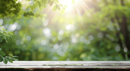 Wall Mural - Wooden Table in Green Nature Background, Blurred Trees with Sunlight Bokeh, Ideal for Product Display in Spring or Summer