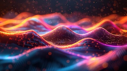 Poster - a digital abstract landscape with swirling waves in shades of orange, blue, and pink against a dark 