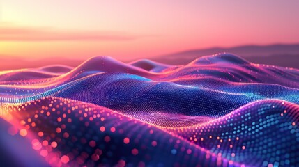 Poster - a digital landscape of glowing, colorful waves with a pink and blue gradient under a setting sun