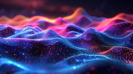 Poster - a digital rendering of colorful wavy lines with glowing particles