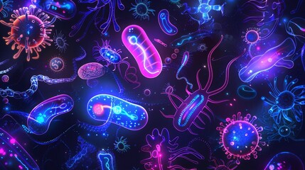 Aufkleber - A vibrant collection of microorganisms, rendered in neon blue and pink, float against a dark backdrop.