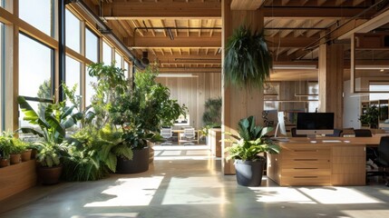 Wall Mural - A large, modern office space with wooden beams and large windows, showcasing numerous potted plants and plenty of natural light.