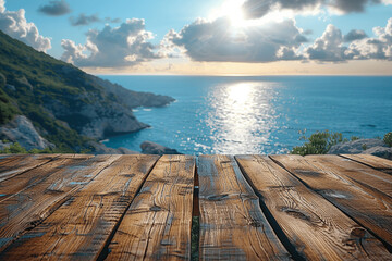 Wall Mural - Wooden Tabletop Overlooking Sea and Sky with Island and Palm Trees in Summer