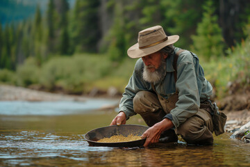 Old gold miner is panning for gold in a river in the wilderness, searching for gold nuggets