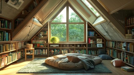 Poster - A cozy reading nook in an attic space features a large window, bookshelves filled with books, and a comfortable cushion for reading.
