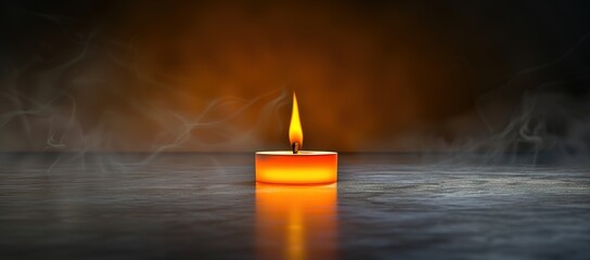 Wall Mural - A yellow candle burns on a black background surrounded by white smoke