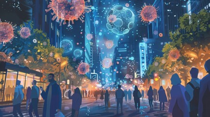 Poster - People walk through a city street at night as virus particles float in the air.