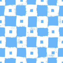 Aufkleber - Vector checkerboard pattern. Seamless blue and white brush stroke background. Checkered print with distress texture. Painted ornament for kids. Childish design