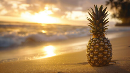 Canvas Print - A pineapple is sitting on the beach at sunset