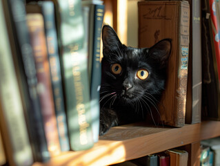 Wall Mural - A black cat is peeking out from behind a bookshelf