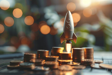 Rocket on Coins Stack in Sunlit Green Background Symbolizing Business Growth and Financial Success