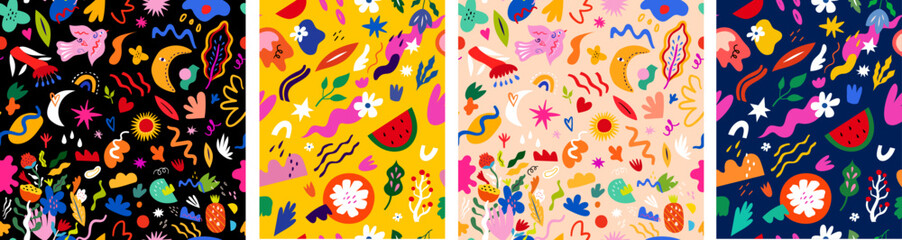 Sticker - Seamless fresh summer patterns. Beautiful collection of seamless patterns with flowers, leaves, floral bouquets, flower compositions. 