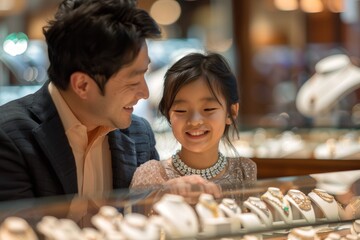 An Asian father presenting his daughter with a beautiful necklace in an elegant jewelry store