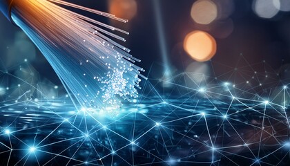 Blue dark navy fiber optic cable internet technology background. Data network connection lines. Futuristic digital abstract. Light glow shimmer neon lines. Innovation concept. Tech wire grid.
