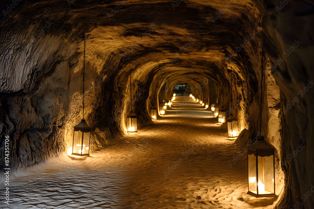 Lanterns illuminating a path in an underground salt mine, creating a ...