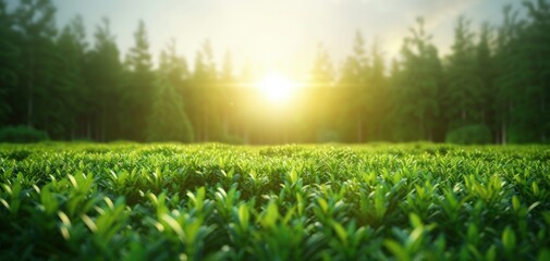 Aufkleber - A field of green grass with a bright sun in the background