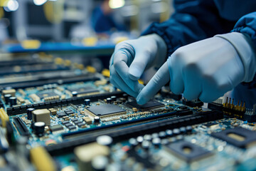 Poster - technician wearing gloves is installing a microchip on a circuit board in a factory