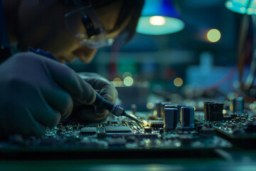 Poster - Electronics engineer is soldering components on a printed circuit board in a workshop