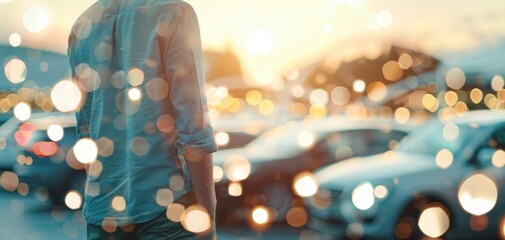 Poster - A blurry image of a man standing in front of a car lot